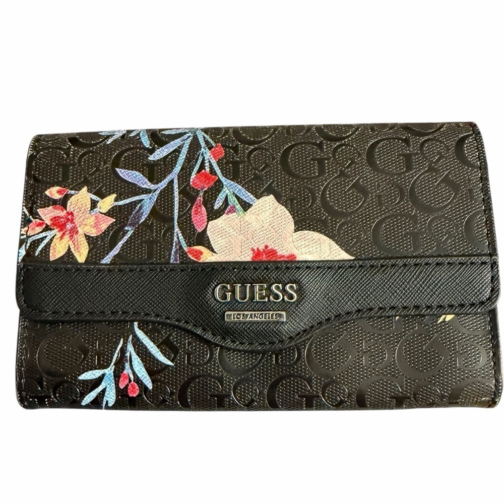 GUESS Logo Embossed Floral Print Wallet